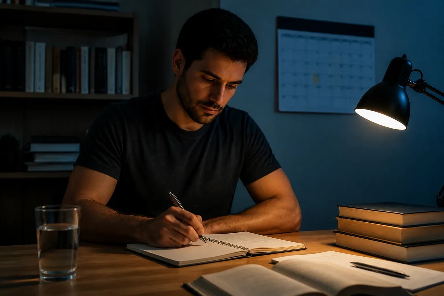 Mesa de estudo à noite, um caderno aberto sob a luminária, o restante do material na sombra