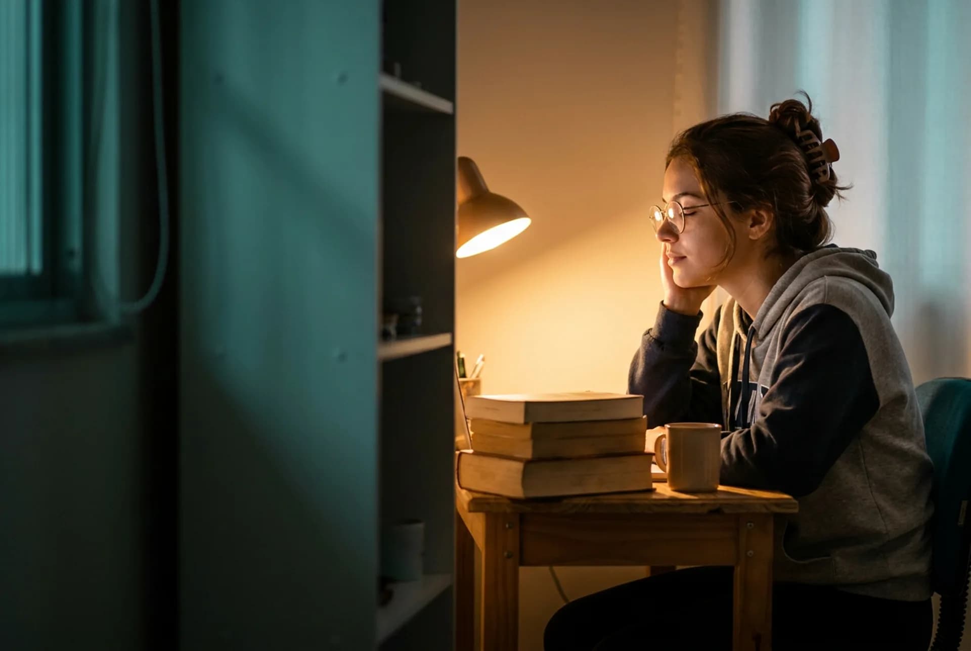Mesa de estudos com livro aberto e luminária — ritmo de constância