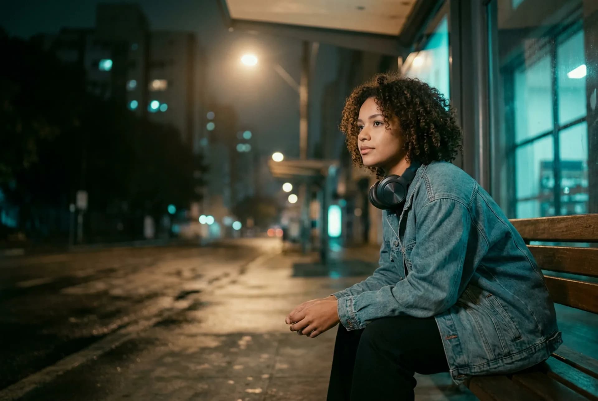 Janela urbana ao entardecer com fone e caderno — jovens adultos, tom sério e calmo