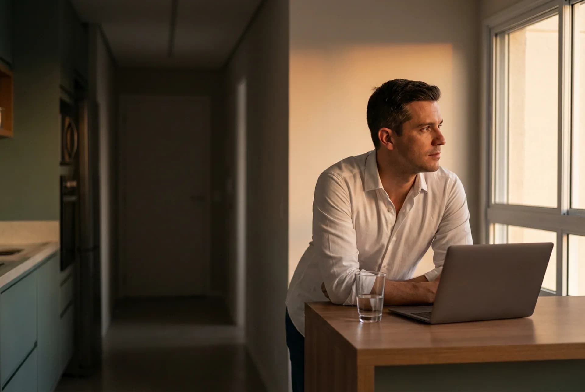 Cozinha à noite com notebook fechado — pausa depois de uma rotina intensa