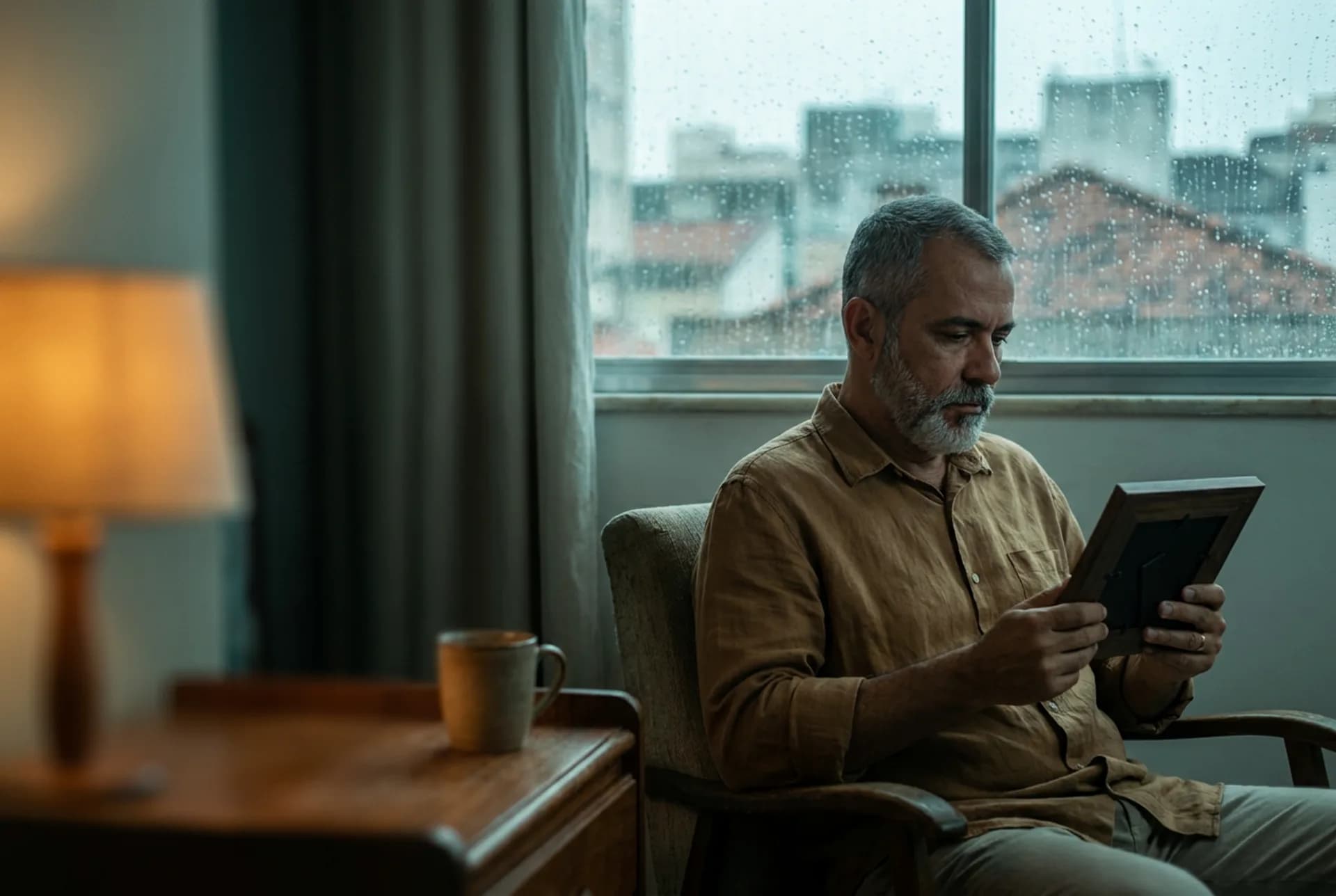 Moldura virada numa mesa lateral com luz suave — saudade de quem se foi