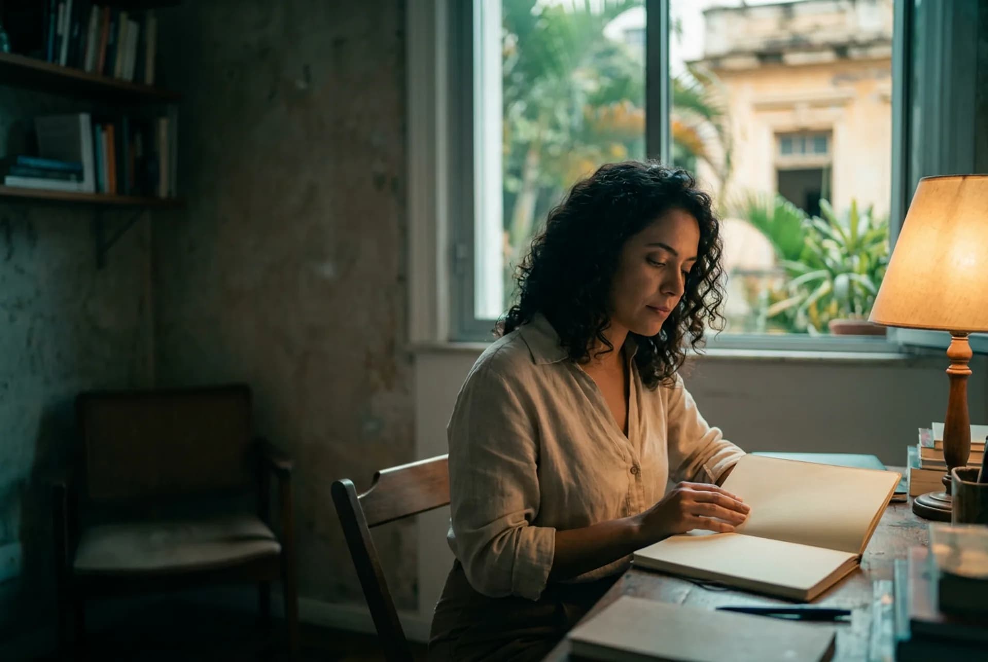 Caderno aberto sob luz quente — feature de registro em primeira pessoa